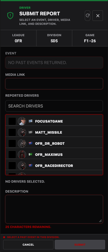 OFR app submit report screen